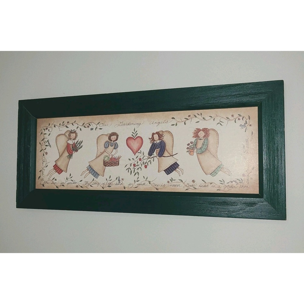 VTG Cottagecore Gardening Angels Wall Art Framed Folk Country Decor 18x8